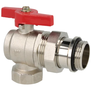 Valvola a sfera angolare 3/4"FF x 3/4"FM in ottone con raccordo e farfalla rossa
