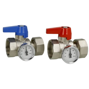 Ball valve set straight 1" with thermometer for underfloor heating manifolds