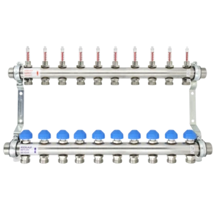 Underfloor heating manifold 10 circuits 1" with flow meters