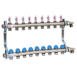 Fu&szlig;bodenheizkreisverteiler mit automatischer Durchflussregelung f&uuml;r 9 Kreise