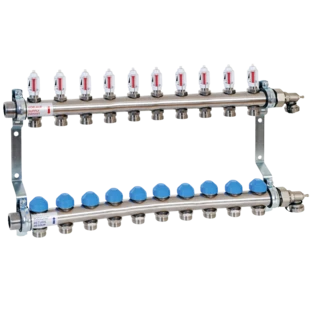 Underfloor heating manifold with automatic flow control for 10 circuits