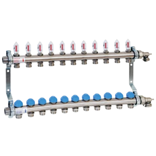 Underfloor heating manifold with automatic flow control for 11 circuits