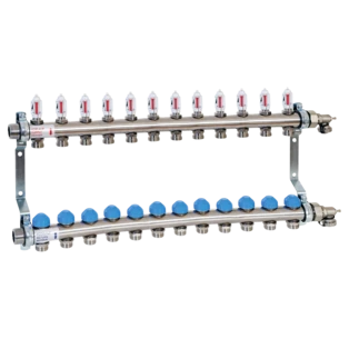 Underfloor heating manifold with automatic flow control for 12 circuits