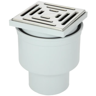 Kelderafvoerput 150 x 150 mm, verticaal DN110, roestvrij staal rooster