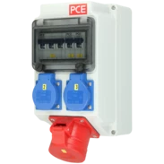 Wall-mounted distribution box with 1 CEE and 2 socket outlets with protective contact