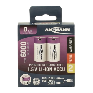 Rechargeable Li-ion battery type D Mono with USB-C port