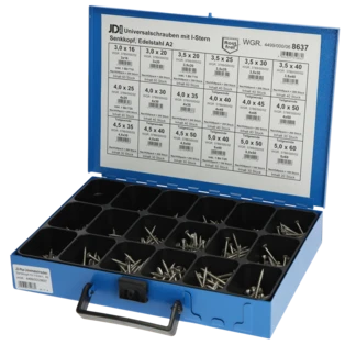 Sortimentskasten Edelstahl Schrauben JD-Plus-Senkkopf, 18 Sorten