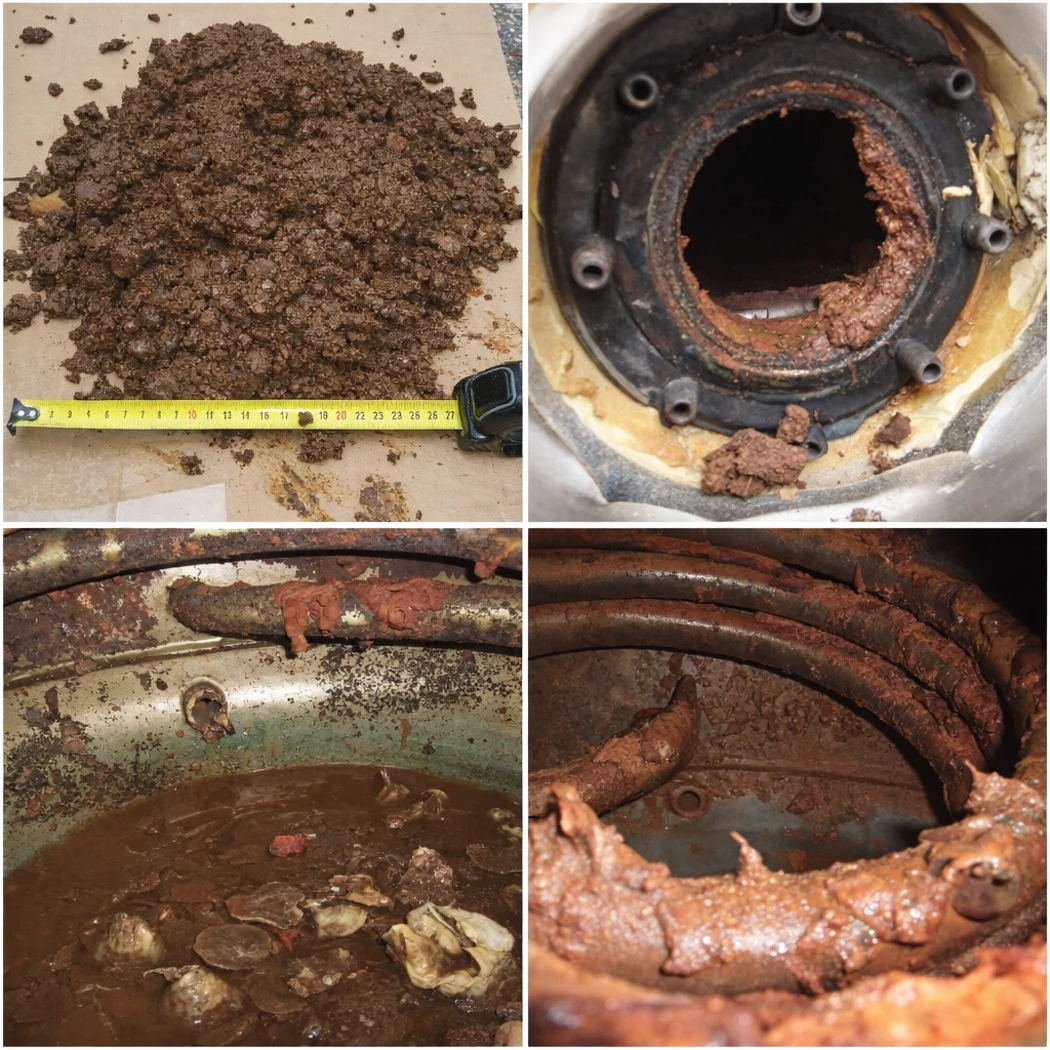 Mehrere Beispiele starker Ablagerungen, Rost und Schlamm im Inneren verschiedener klassischer Trinkwasserspeicher durch stehendes Warmwasser und Korrosionsprozesse