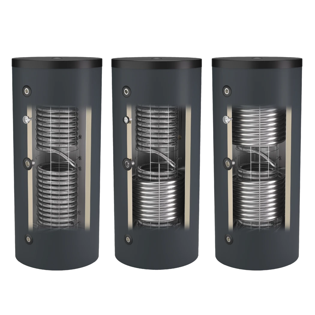 Darstellung von Speichern mit unterschiedlicher Anzahl an Glattrohrwärmetauschern zur Einbindung verschiedener Energiequellen