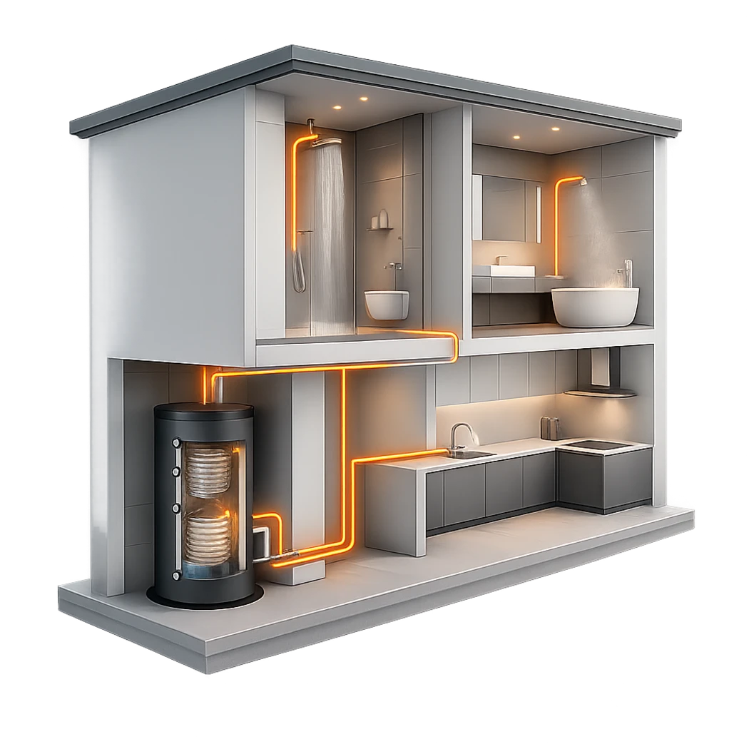 Darstellung eines Hauses mit Frischwasserspeicher und gleichzeitiger Warmwassernutzung in Dusche, Bad und Küche zur Veranschaulichung der Dimensionierung