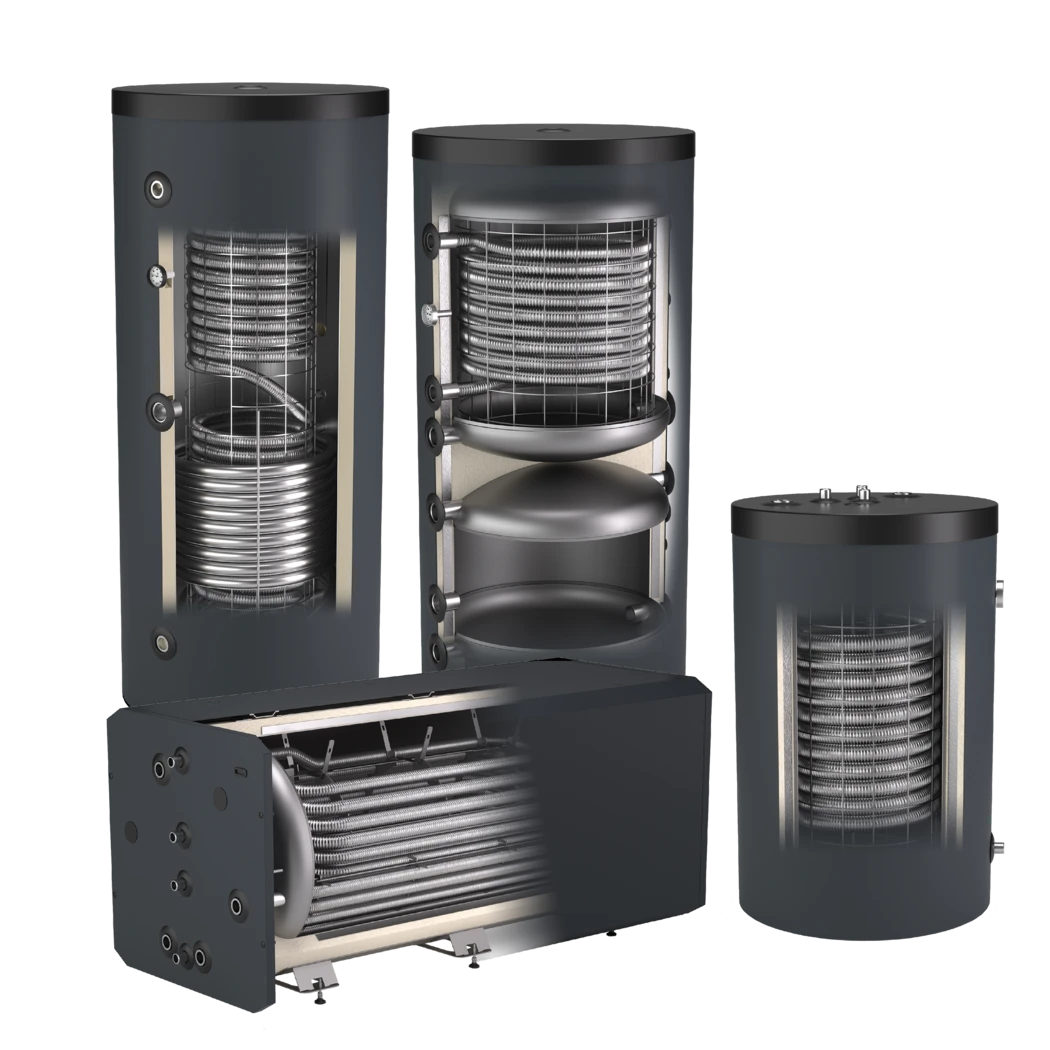 Verschiedene Ausführungen von Frischwasserspeichern in stehender, liegender und kompakter Bauweise