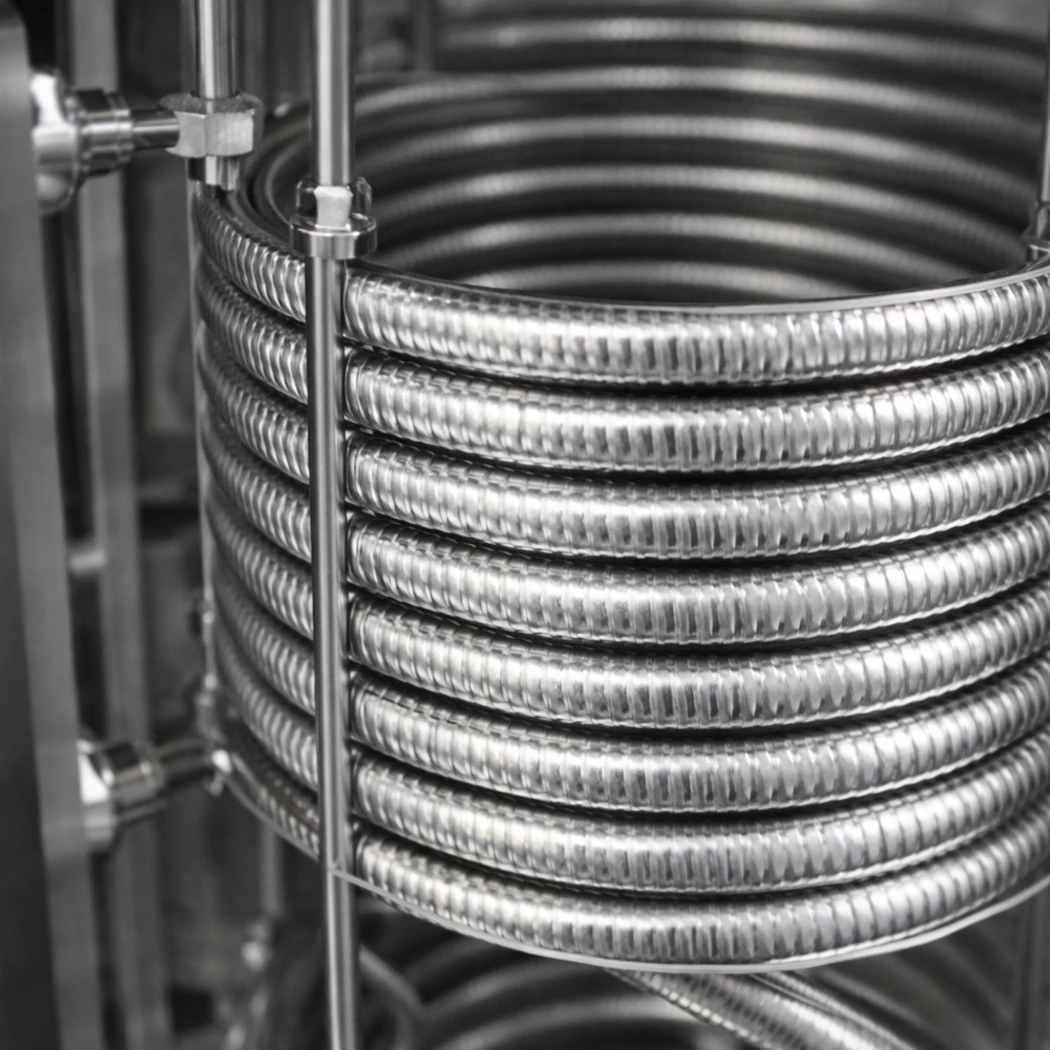 Detailaufnahme eines Edelstahlwellrohrs im Frischwasserspeicher zur hygienischen Warmwasserbereitung im Durchlaufprinzip