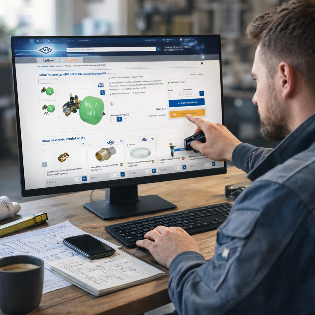 Ein Handwerker wählt auf einem Computerbildschirm Zubehör und Anschlusskomponenten für einen Frischwasserspeicher in einem Onlineshop aus.