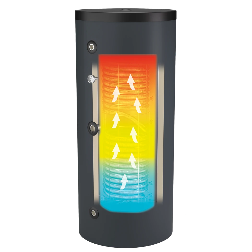 Schwarzer zylindrischer Behälter mit Sichtfenster, zeigt Farbverlauf von rot über gelb zu blau mit weißen Symbolen