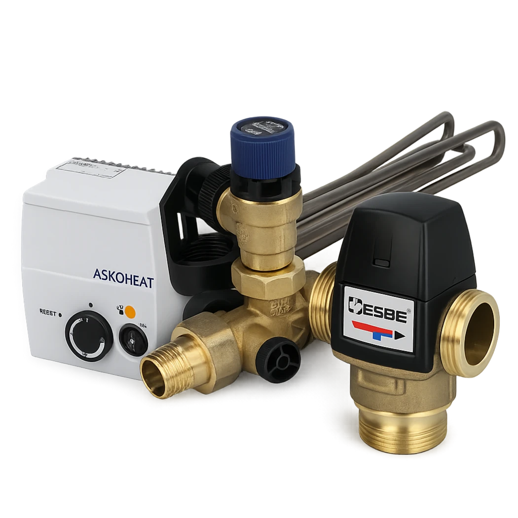 Heizstab, Sicherheitsgruppe und thermostatisches Mischventil als Zubehör für einen Kombispeicher.