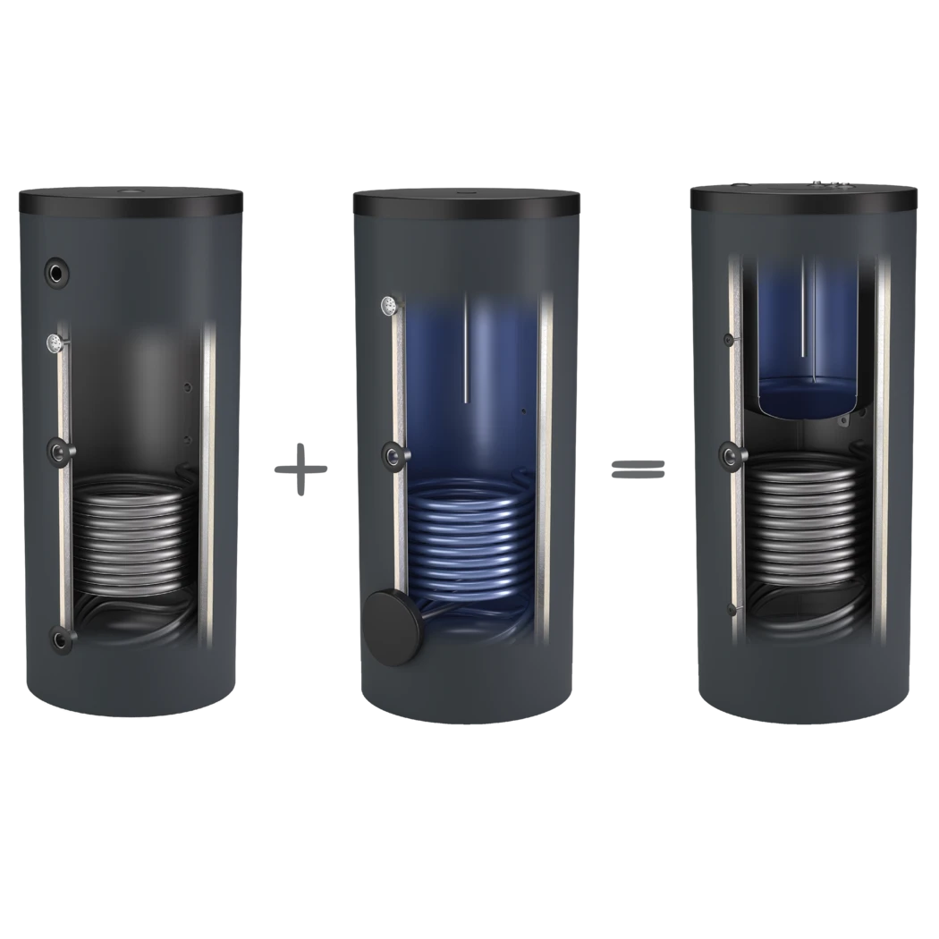 Ein Kombispeicher vereint einen Pufferspeicher für Heizungswasser und einen Trinkwasserspeicher zur Warmwasserbereitung in einem Gerät.