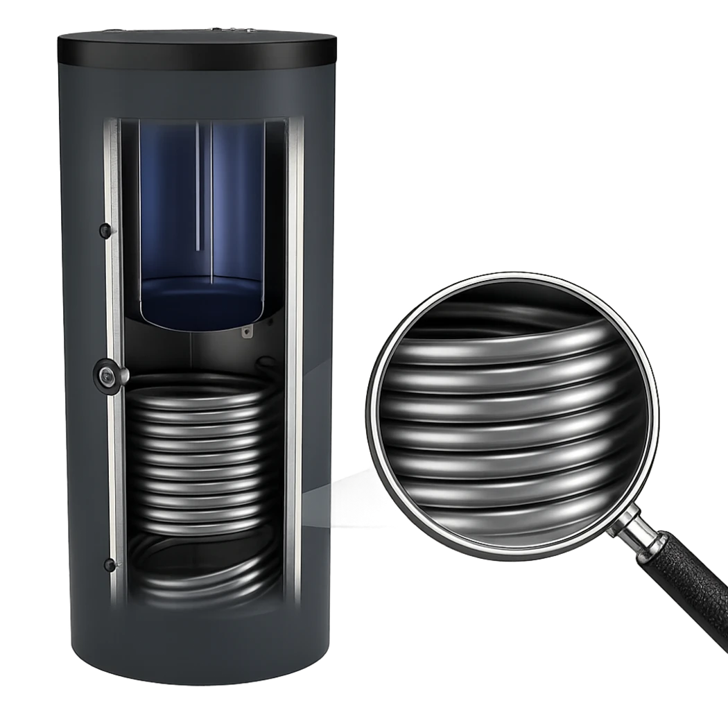 Schnittbild eines Kombispeichers mit innenliegendem Trinkwasserbehälter und spiralförmiger Rohrschlange als Wärmetauscher, vergrößert dargestellt im Detailausschnitt.