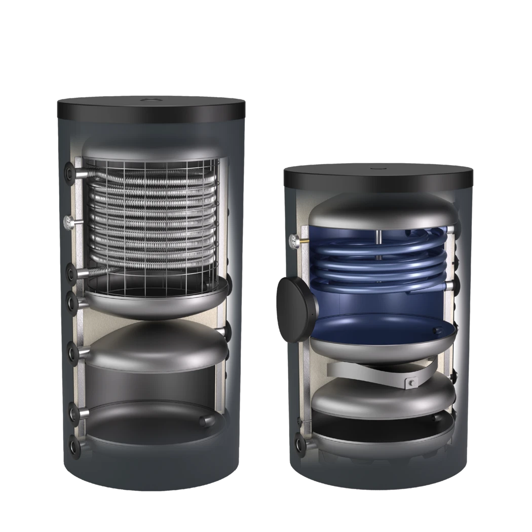 Zwei Wärmepumpen-Kombispeicher im Schnitt: links mit Frischwassertechnik im Durchlaufprinzip, rechts mit integriertem Trinkwasserspeicher zur Warmwasserbereitung.