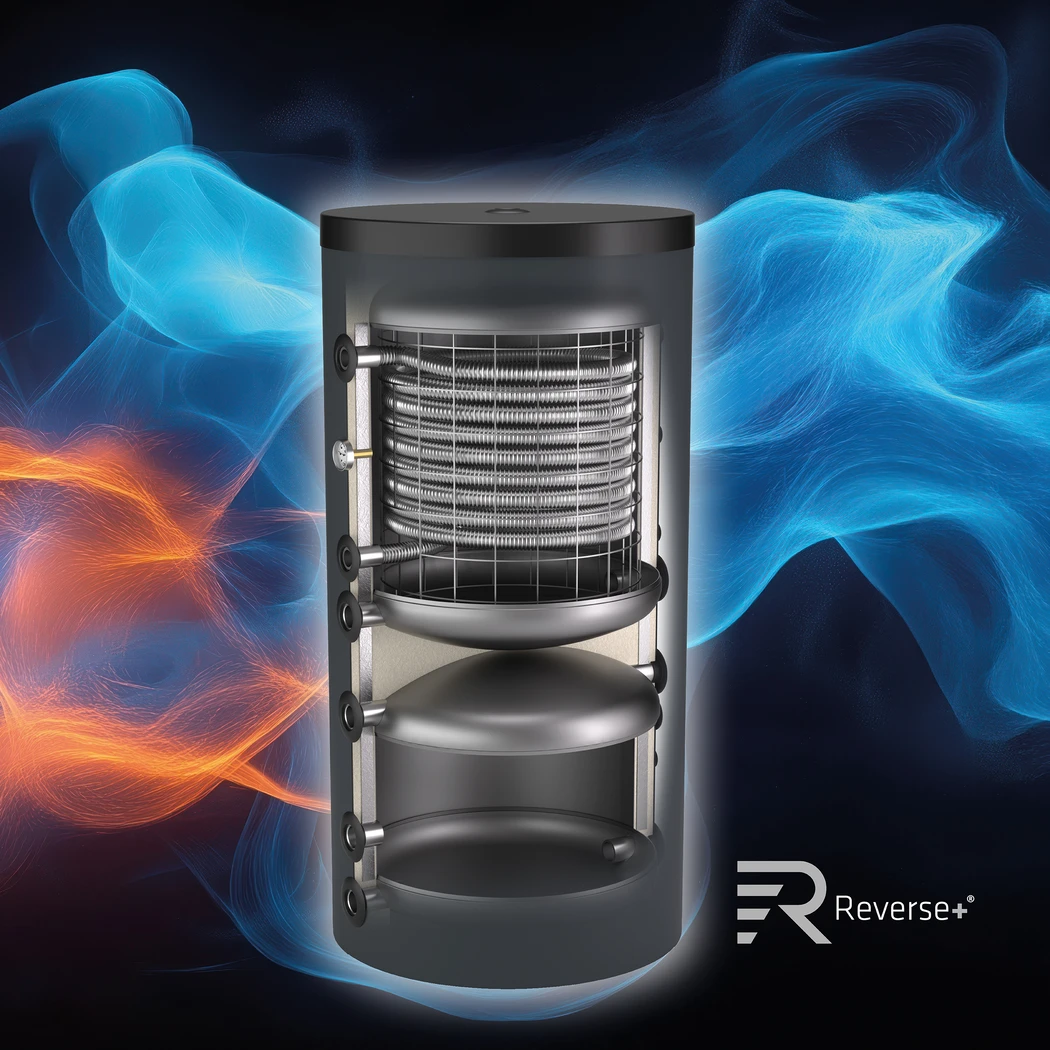 Wärmepumpen-Kombispeicher Reverse+ im Schnitt mit Darstellung von Heizen und Kühlen durch blaue und orange Energieflüsse.