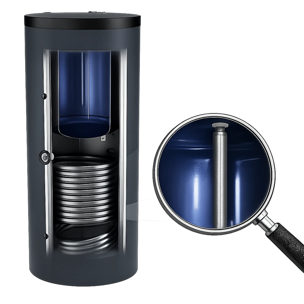 Kombispeicher im Schnitt mit emailliertem Trinkwasserspeicher und Schutzanode, vergrößert dargestellt zur Erklärung des Korrosionsschutzes.