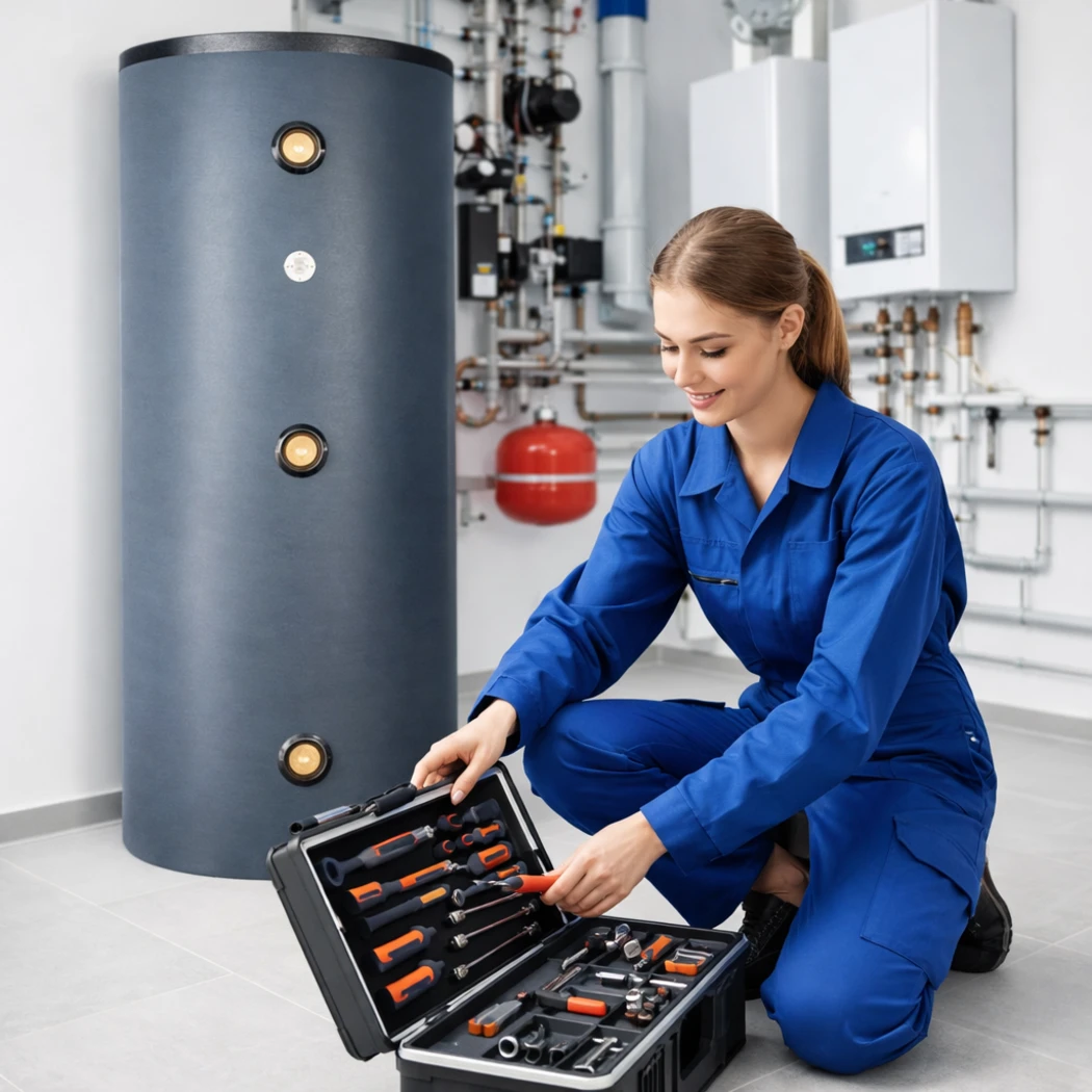 Installateurin kniet vor einem Pufferspeicher im Heizraum und öffnet einen Werkzeugkoffer für Wartungs- oder Installationsarbeiten.