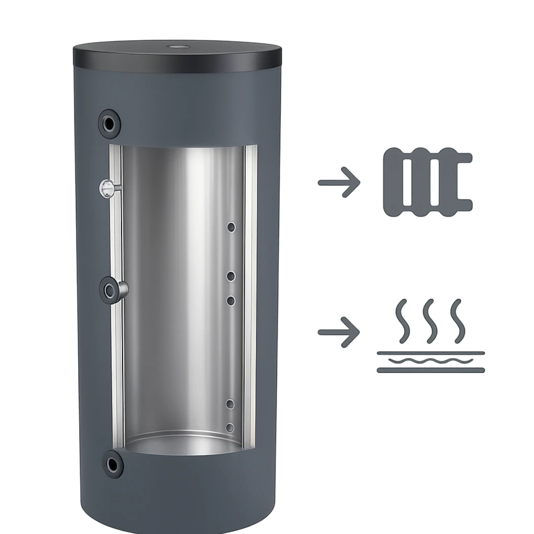 Schematische Darstellung eines Pufferspeichers im Schnitt. Pfeile zeigen die Abgabe von gespeicherter Wärme an Heizkörper und Flächenheizung.