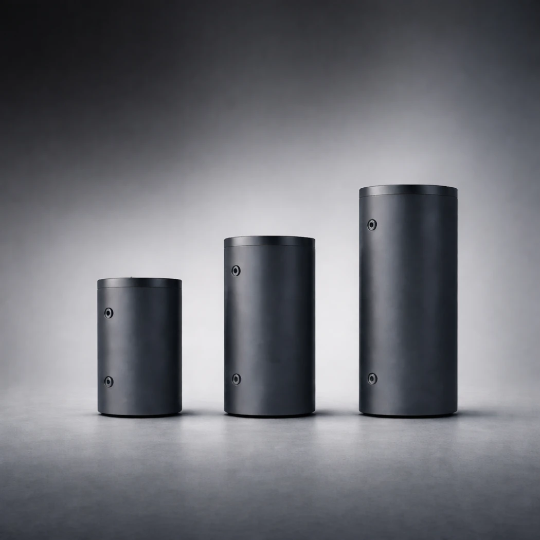 Drei zylindrische Pufferspeicher in unterschiedlicher Höhe stehen nebeneinander und veranschaulichen verschiedene Speichergrößen.