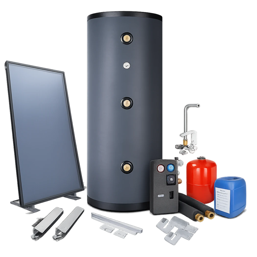 Solarthermie-Komplettanlage mit Solarspeicher, Flachkollektor, Solarstation und Zubehör zur Warmwasserbereitung.
